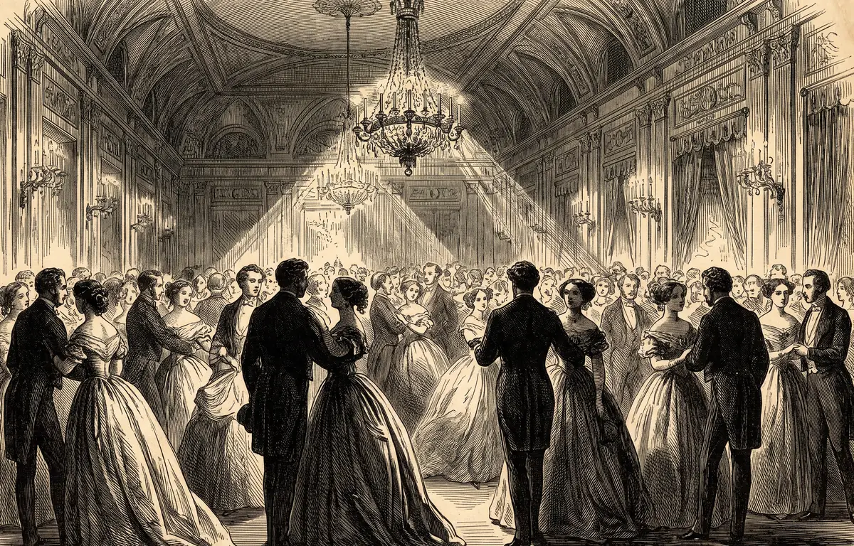 Grabado. Un salón de baile lleno de parejas.